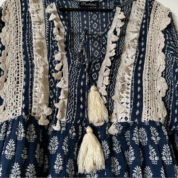 Blue Boho Chic Block Mix Match Print Tiered Mini Dress, Ties and Tassels/AU12 - Picture 7 of 7